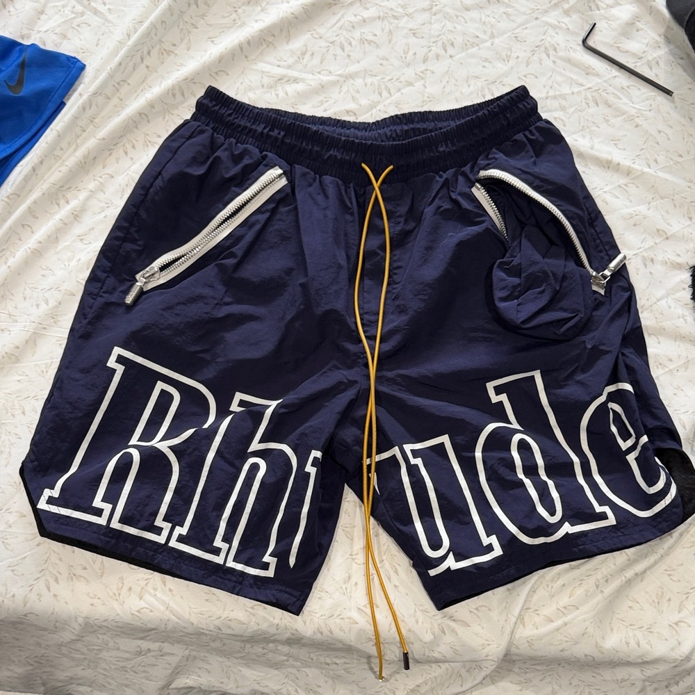 Rhude Navy Logo-Print Athletic Shorts with Yellow Drawcord